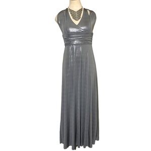 VINTAGE Silver Gray Maxi Dress Halter Straps Metallic Cinched Festive Gown XS/S